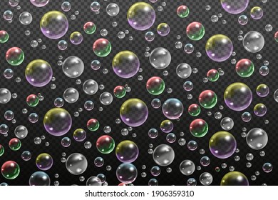 Abstract semless pattern.Flying transparent soap bubbles on checkered background.Reaistic colored balls.Vector texture.