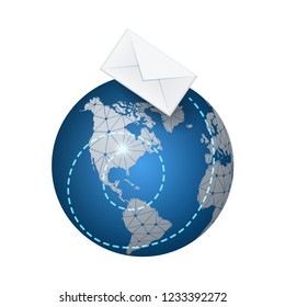 Abstract sending message concept. Paper envelope flying around the planet earth. Vector stock illustration.