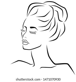 Abstract sensual face with closed eyes, beautiful woman with messy bun hairstyles, hand drawing outline