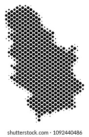 Abstract Serbia map. Vector halftone territory scheme. Cartographic dotted abstraction. Schematic Serbia map is shaped with regular circle cell array.