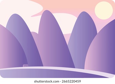  Abstract serene mountain landscape with layered pastel purple violet peaks and soft rose peach sunrise sky a dreamy minimalist nature illustration ideal for calm peaceful scenes