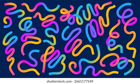 Abstract serpentine line with gradient color and dynamic 3D pattern on graphic background. Organic wave design with fluid curves and bold geometric swirls Fun rainbow vector art for party or carnival