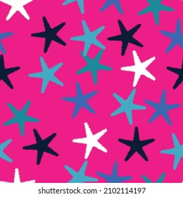 Abstract Serrated Stylish Trendy Stars Seamless Pattern Vector Design Perfect for Allover Fabric Print or Wrapping Paper Fuchsia Background