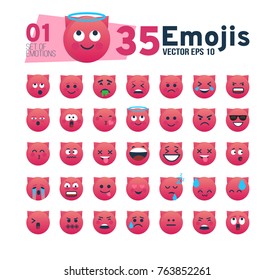 Abstract set 01 of funny flat style emotions. 35 funny emoji. Vector eps 10. A picture of a pink pig or a cat. 