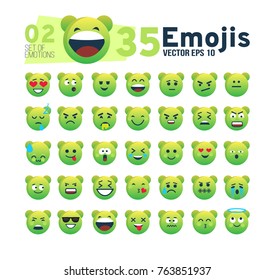 Abstract set 02 of funny flat style emotions. 35 funny emoji. Vector eps 10. A picture of green bear. 