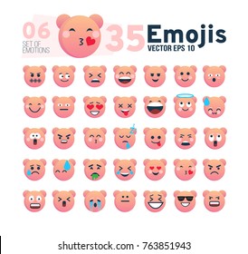 Abstract set 06 of funny flat style emotions. 35 funny emoji. Vector eps 10. A picture of a pink pig or a bear. 