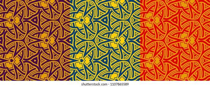 Abstract set of 3 seamless patterns with trendy ornament of golden, red, violet, blue and yellow shades