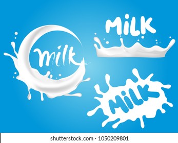 abstract set of 3d milk splash with text milk and pouring, realistic natural dairy products isolated on blue background - vector illustration