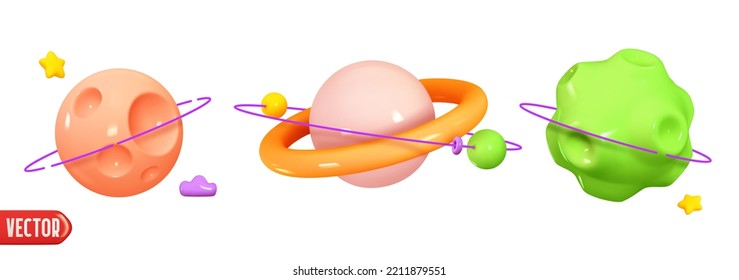 Resumen conjunto de planetas 3d. fantástica colección de planetas Venus, Marte, Júpiter, Saturno. Diseño realista al estilo de plástico de dibujos animados. Fantasía espacial rodea planetas con anillos. ilustración vectorial.