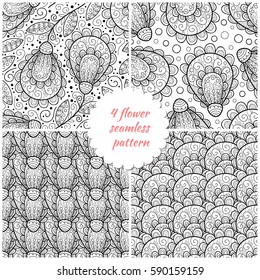 Abstract set of 4 monochrome flower seamless patterns. Cute abstract floral background. Scrapbook black and white papers