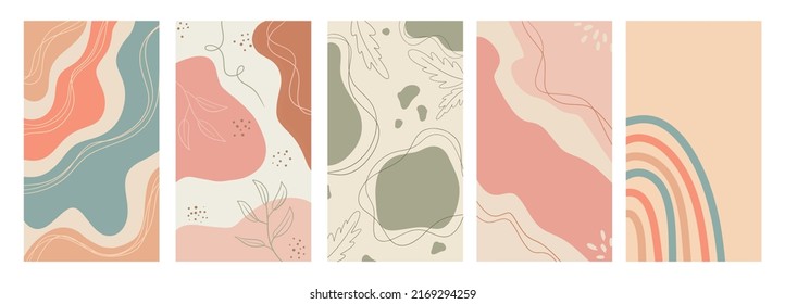 Abstract Set Of 5 Background Package Beautiful Cute Autumn Fall Design Minimalist Simple Wave Outline Dot And Leaves Style Pastel Color For Mobile Screen Story Portrait