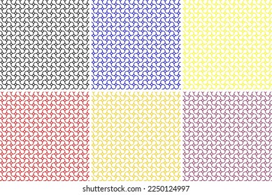 Abstract Set Of  6 Seamless black Blue Red Green Orange Pink rounded line spiral Outline cross pattern. Abstract maze smooth mosaic pattern background.Design seamless spiral twisted pattern. 