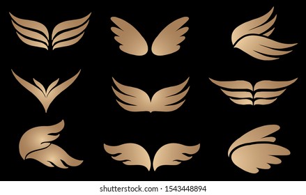 Abstract set of 9 simple golden or bronze wings logo. Vector logotype icon. Illustration isolated on black background