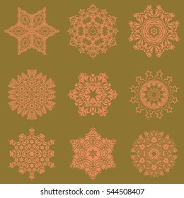 Abstract set of 9 snowflakes with floral elements. Vector winter snowflake collection on a neutral background.
