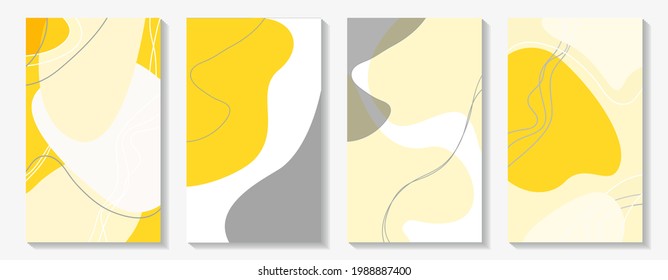 Abstract set of advertising covers, backgrounds. Gray, bright yellow, light gray, white. Smooth lines. Uneven spots. Vector illustration. Use to decorate books, notebooks, diaries, flyers, calendars, 