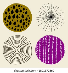 Abstract set art design template background with trendy color circles shapes and hand drawn curved lines. Creative modern design for logo, poster, wallpaper, business identity. Vector illustration.