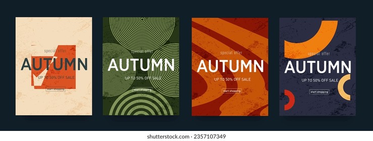 Abstract Set Autumn Design with Graphic Memphis Element. Modern Background Patterns in Retro Style for Advertising, Web, Social Media, Poster, Banner, Cover. Sale offer 50%. Vector Illustration
