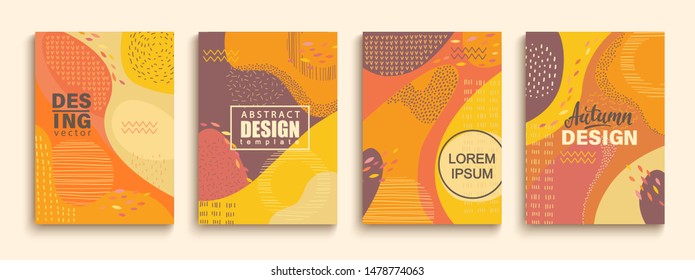 Abstract set of autumn doodle geometric banners.Color splashes,lines and dots in trendy Memphis animation style.Creative fluid style poster collection for party, banner, cover, print, ad, web. Vector.