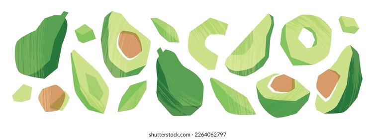 Abstract set with avocado. Healthy vegan food. Botanical elements isolated on a white background. Fruits in modern style. Vector illustration.