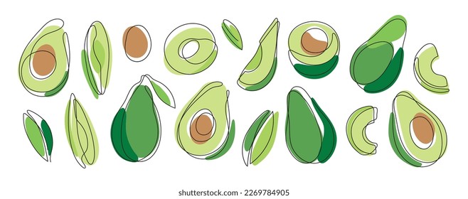 Abstract set with avocado. Whole avocado, halves of avocado and leaves. Botanical elements isolated on a white background. Graphic fruits in linear modern flat style. Vector illustration.