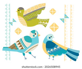 Abstract set of birds. Colorful flying animals made of geometric shapes and patterns. Design element for posters and printing on fabric. Cartoon flat vector collection isolated on white background