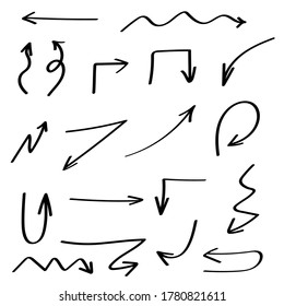 Abstract Set Black Collection Hand Drawn Different Arrows Elements Vector Design Sketch Style Doodle Line Brush Icons