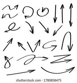 Abstract Set Black Collection Hand Drawn Different Arrows Elements Vector Design Sketch Style Doodle Line Brush Icons