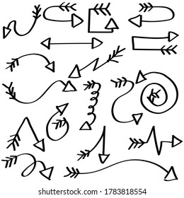 Abstract Set Black Collection Hand Drawn Different Arrows Elements Vector Design Sketch Style Doodle Line Brush Icons