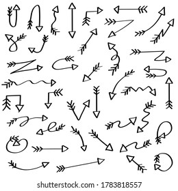 Abstract Set Black Collection Hand Drawn Different Arrows Elements Vector Design Sketch Style Doodle Line Brush Icons