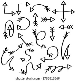 Abstract Set Black Collection Hand Drawn Different Arrows Elements Vector Design Sketch Style Doodle Line Brush Icons