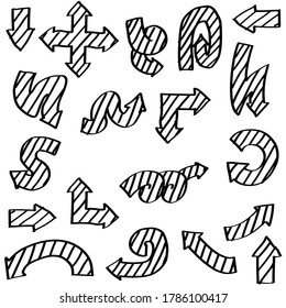 Abstrakter Satz Schwarze Sammlung Hand gezeichnet verschiedene Pfeile Elemente Vektordesign Skizze Stil Doodle Linie Pinselsymbole