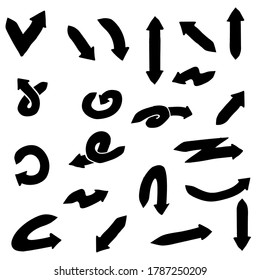 Abstract Set Black Collection Hand Drawn Different Arrows Elements Vector Design Sketch Style Doodle Line Brush Icons