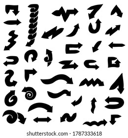 Abstrakter Satz Schwarze Sammlung Hand gezeichnet verschiedene Pfeile Elemente Vektordesign Skizze Stil Doodle Linie Pinselsymbole