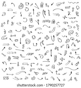 Abstract Set Black Collection Hand Drawn Different Arrows Elements Vector Design Sketch Style Doodle Line Brush Icons