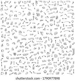 Abstrakter Satz Schwarze Sammlung Hand gezeichnet verschiedene Pfeile Elemente Vektordesign Skizze Stil Doodle Linie Pinselsymbole