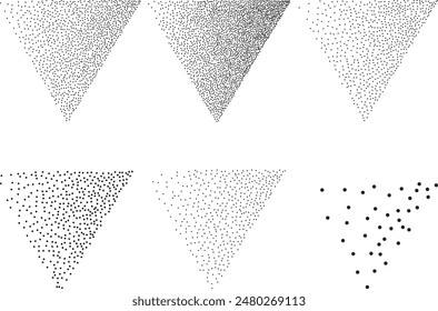 Abstract set of black stipple spray triangles, dotted monochrome texture. Dissolving points, noise, gradient made of grains as abstract texture or element for graphic design. 