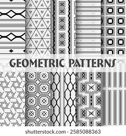 abstract set of black and white geometric and line seamless pattern design background collection