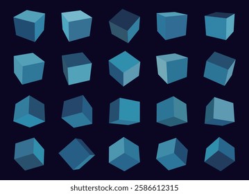 abstract set of blue 3D cubes box square minimalism geometric  icon symbol collection