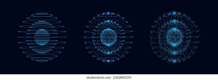 Abstract set blue sci-fi sphere with particles and lines. Technology network connection on world. Futuristic vector illustration. Global digital connections ai. 3D wireframe geometric sphere.