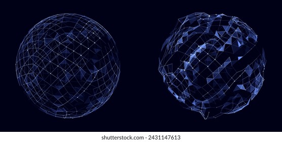 Conjunto abstracto esfera de ciencia ficción azul con partículas y líneas. Conexión de red tecnológica en el mundo. Ilustración de vector futurista. Ayuda global de las conexiones digitales. Esfera geométrica de alambre 3D.