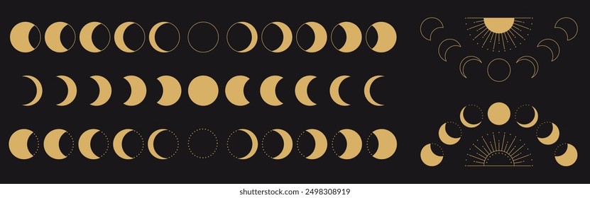 Abstract set of boho moon cycles, lunar phases from new to full moon in trendy gold color.