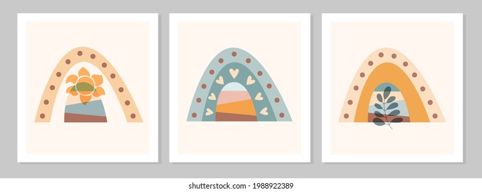 Abstract set boho rainbow with branch  with leaf, sun, hearts  isolated on beige background. Vector flat illustration. Scandinavian style clipart for modern prints, greeting cards, posters, wall art. 