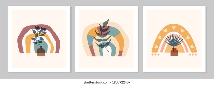 Abstrakter Boho-Regenbogen mit Ast mit Blatt, Vase, Herzen einzeln auf beigem Hintergrund. Vektorflache Illustration. Skandinavische Clipkunst für moderne Drucke, Grußkarten, Poster, Wandkunst. 