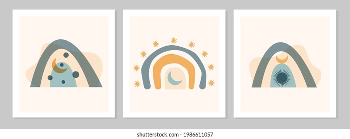 Abstract set boho rainbow with shapes , moon, hearts  isolated on beige background. Vector flat illustration. Scandinavian style clipart for modern prints, greeting cards, posters, wall art. 