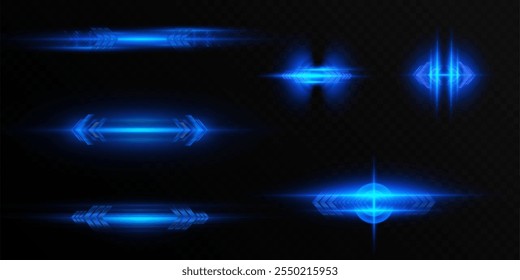 Abstract set of bright blue light effects. Bright futuristic horizontal flashes of blue glow with arrow highlights and explosions of glow.