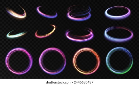 Abstract set of bright circle light effect. Colorful glowing ring frame. HUD podium portal.	
