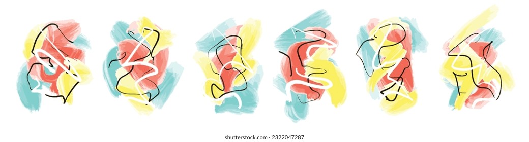 Conjunto abstracto de colores brillantes con fondo dibujado a mano con formas y líneas de contraste. Vibrantes composiciones coloridas con trazos desordenados para el diseño gráfico, carteles, afiches, superficie, tarjetas de felicitación