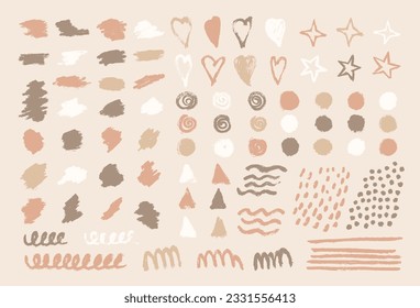 Abstract set of brush, splash, texture, drop, stroke of paint. Collection of earth tone colors heart, star, line, circle, round, wave, triangle shape. Vector illustration elements on beige background