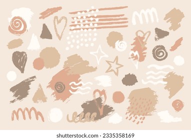 Abstrakter Satz von Bürste, Splash, Textur, Tropfen, Strich der Farbe. Kollektion von Erdtonfarben Herz, Stern, Linie, Kreis, Runde, Welle, Dreieck Form. Vektorgrafik-Elemente auf beigem Hintergrund