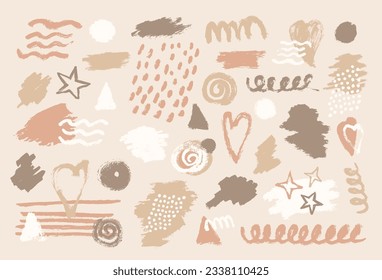 Abstract set of brush, splash, texture, drop, stroke of paint. Collection of earth tone colors heart, star, line, circle, round, wave, triangle shape. Vector illustration elements on beige background